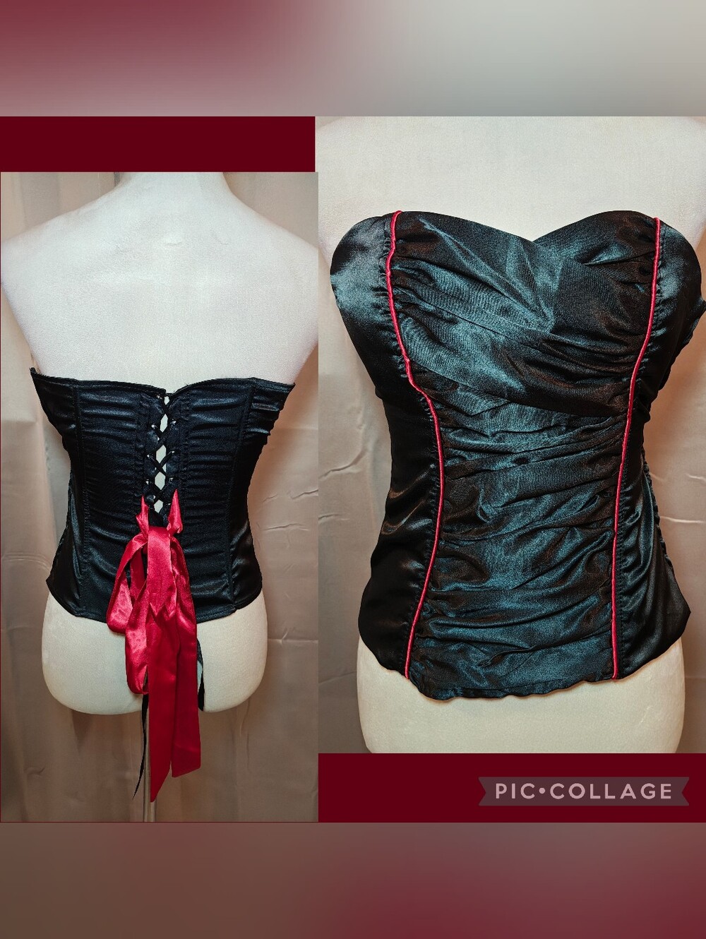 🖤 Vampy Black Satin & Red Piping Lace-Up Bustier Top ❤️